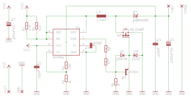 12V DC -> 42V DC Step-Up switching power supply based on MC34063 
